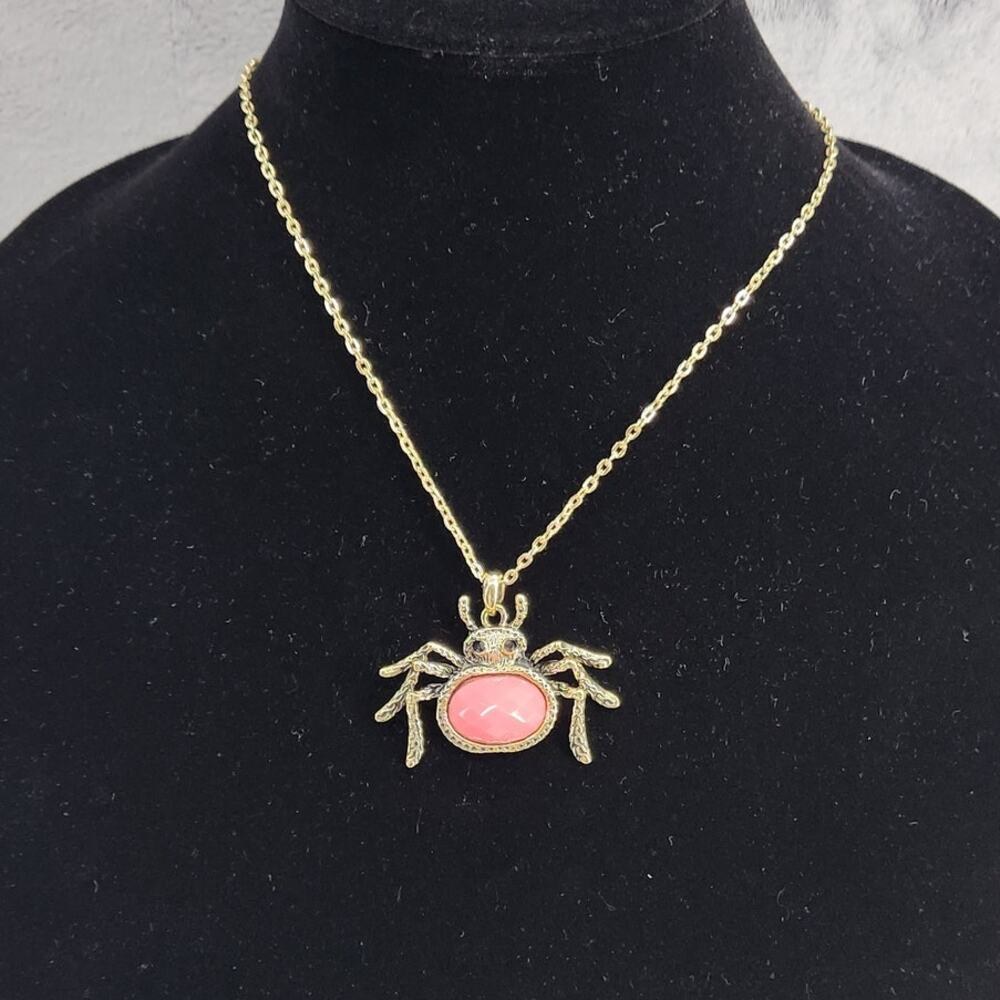 Sparkly Pink Blush Spider Necklace Pendant Gold Tone Halloween Jewelry